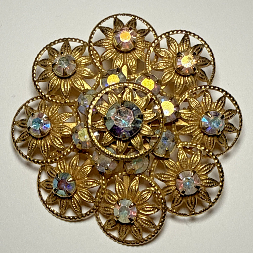 Vintage Gold Tone and AB Crystal Rhinestone Brooch J1-M